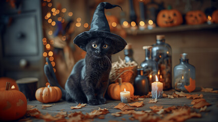 portrait of a Black cat in witch hat sitting on a table with candles, potion bottles and pumpkins, fantasy, halloween theme.