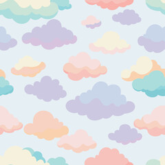 A seamless pattern of colorful clouds on a blue background with keywords