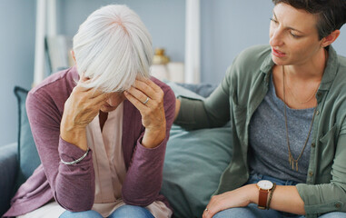Senior mom, stress and daughter with support for mental health crisis, compassion and dementia in...