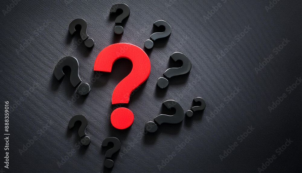 Poster faq banner design. red question mark surrounded by black question marks on dark background. 3d rende