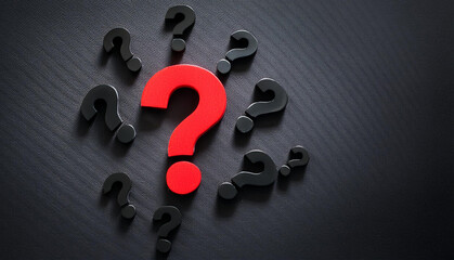 FAQ banner design. Red question mark surrounded by black question marks on dark background. 3D rendering.