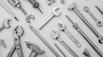 This image displays an assortment of tools including wrenches, screwdrivers, and pliers, organized on a white background, symbolizing repair, construction, and utility.