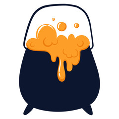 Halloween witch black cauldron with poisonous orange potion, isolated on white background. Vector illustration of a witch's cauldron in flat style