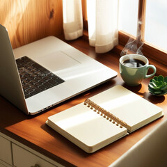 A Tidy Home Office Desk with Fresh Coffee, modern work space, professional business minimalist office