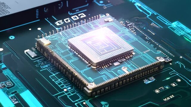 Futuristic AI chipset on a circuit board, perfect for cutting-edge technology visuals and web banners.