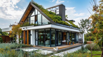 modern suburban farmhouse with an emphasis on eco-friendly living, including a vegetated roof, rainwater harvesting system, and energy-efficient windows
