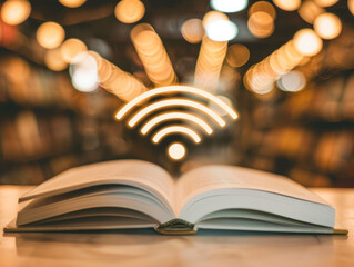 An open book with a Wi-Fi signal radiating from the pages, representing online education