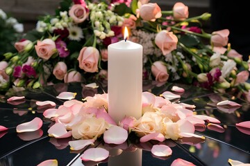 White candle with roses and flowers petals rest in peace, funeral memorial remembrance sorrowful, sympathy and condolences card, death notice sad announcement loss compassion sympathy