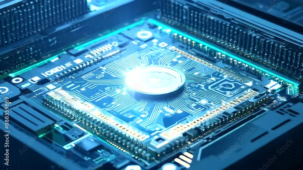 Poster cutting-edge quantum ai processor on a pcb motherboard facilitating high-speed data transfers.
