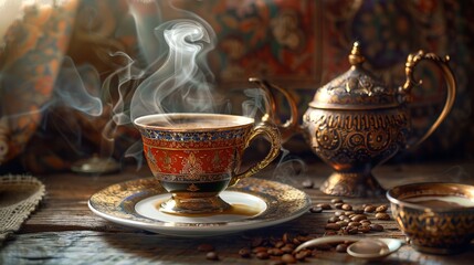 Fototapeta premium A steaming hot cup of coffee is served in a lavishly decorated golden cup and saucer, placed on an elegant setting with coffee beans scattered around, exuding luxury and tradition.