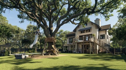 Suburban farmhouse featuring a large backyard with a custom-built tree fort for kids, surrounded by mature oak trees