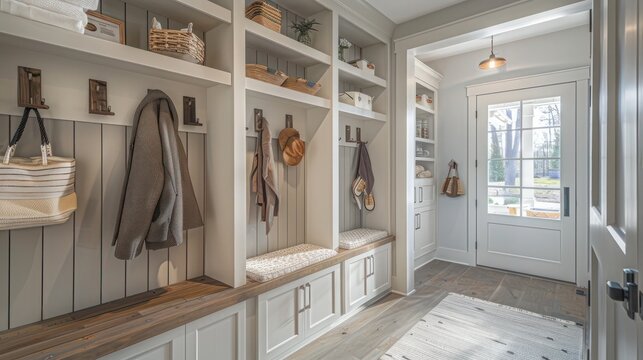 Suburban farmhouse entryway with a custom mudroom featuring built-in storage, hooks for coats, and a bench for shoe removal