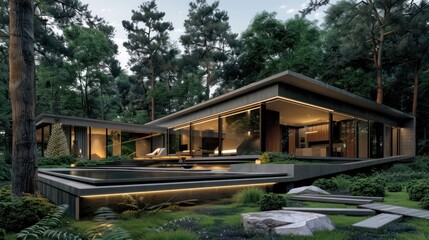 Modern suburban farmhouse with a sleek, geometric design, nestled in a lush forest clearing