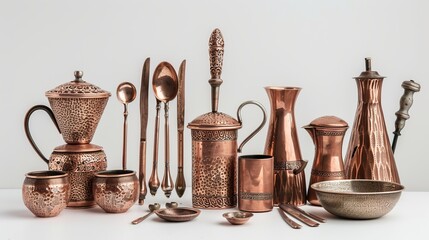 A collection of vintage copper kitchen utensils displayed on a white background, showcasing beautifully crafted items such as pots, pans, ladles, and a variety of other kitchen tools.