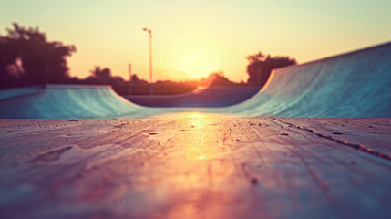 Low angle of a skateboard ramp with a clear sky background at sunset, representing adventure and thrills