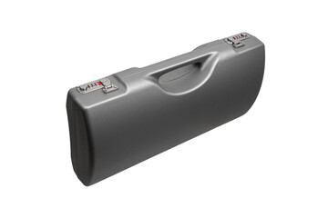 Silver expensive case with combination locks.. Container with foam inside for safe storage and transportation of fragile and expensive items. Sturdy plastic case. Isolate on a white back