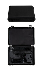 Modern semi-automatic pistol. A short-barreled weapon for self-defense. Arming the police, special units and the army. Weapon in a case for storage and transportation. Isolate on a white back.