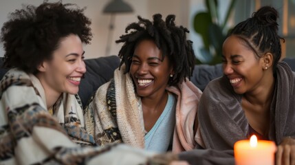 Obraz premium Joyful Friends Enjoying Cozy Evening Indoors with Warm Blankets and Candlelight