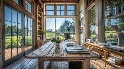 farmhouse-style home office in a suburban setting, with a large desk made of reclaimed wood and views of the outdoors