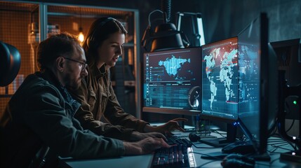 Two professionals collaborate in a high-tech office, deeply focused on analyzing data and strategizing solutions, reflecting teamwork and cutting-edge technological environment.