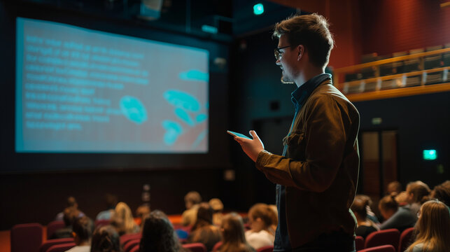 Lecturer sharing inspirational quotes on a screen, motivating and enlightening, left third copy space