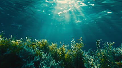 Fototapeta premium This image shows the beautiful underwater world where rays of light penetrate the water, highlighting various plants and seaweed, creating a tranquil and magical scene.