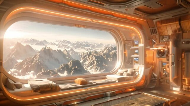 A futuristic lounge on a commercial space station features a large window with a breathtaking view of mountain ranges.