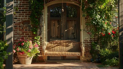A garden swing made of rattan and wicker is in front of the door