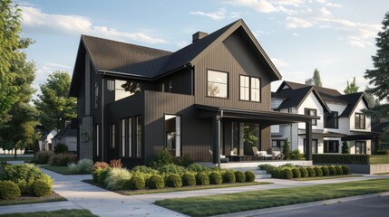 modern farmhouse in a suburban neighborhood with a sleek, black exterior and contrasting white trim around windows and doors