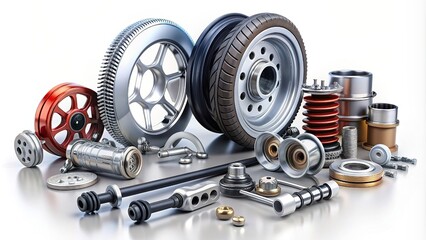 Car parts. Set of new metal car part. Auto motor mechanic spare or automotive piece isolated on white background. Technology of mechanical gear