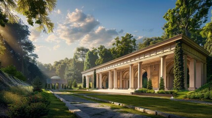 Obraz premium Historic stadium with classical columns and arches, surrounded by lush greenery under a clear, high-quality sky 
