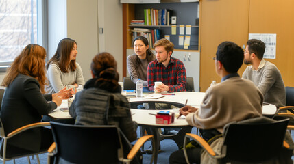 Small breakout groups discussing specific topics from the lecture, focused and collaborative, upper third copy space