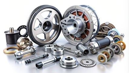Car parts. Set of new metal car part. Auto motor mechanic spare or automotive piece isolated on white background. Technology of mechanical gear