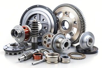 Car parts. Set of new metal car part. Auto motor mechanic spare or automotive piece isolated on white background. Technology of mechanical gear
