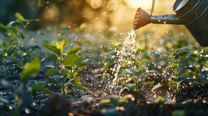 Minimalist shot of a watering can watering young plants, focus on the water droplets