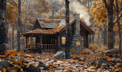 Cozy autumn cabin in the woods with a chimney smoke and fallen leaves, 13th October