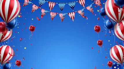 A celebration with red and blue balloons, USA flags, and confetti on a bright blue background, representing American patriotism and festivity in a colorful setting.