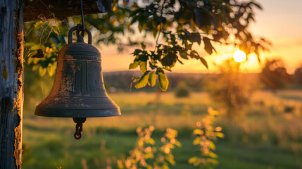 Close-up of an old farm bell with a soft focus farm landscape in the background