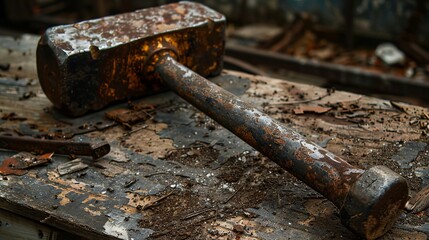 This image presents a heavily rusted sledgehammer lying on a worn and weathered wooden surface, showcasing the tool on this background in a rough industrial environment.