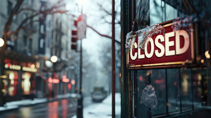 Closed Sign on a Shop Window in a Snowy Urban Street During Winter Evening with Blurred Background