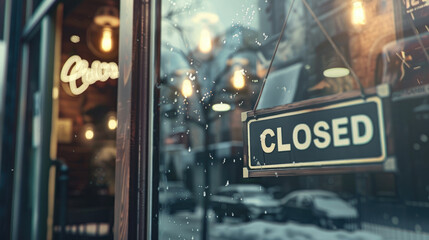 Cozy Urban Cafe with Closed Sign on a Snowy Day, Warm Lights and Reflections on the Window