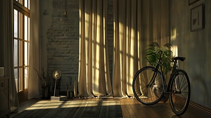 A khaki cloth window stylish room interior with a cycle