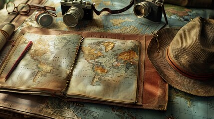 A photograph capturing an explorer's essentials: a world map, a camera, a journal, and a hat, representing the spirit of adventure, exploration, and documenting travels.