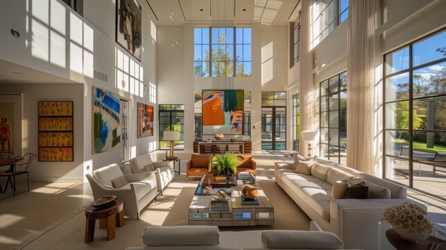 suburban farmhouse with a contemporary art collection displayed in a bright, airy living room with large windows and high ceilings