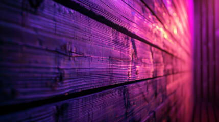 A wooden wall illuminated from below with neon purple light