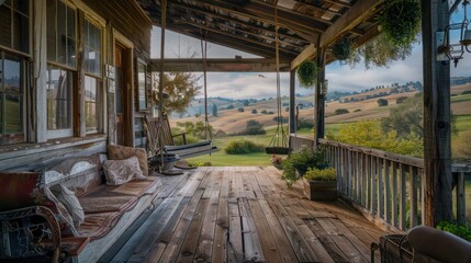 Fototapeta premium rustic suburban farmhouse with a spacious back porch, complete with an old-fashioned porch swing and views of the rolling hills