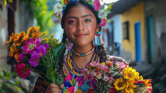 Indigenous woman in colorful dress holding flowers from Zunil.