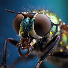 Macro shot of a fly on a blue background. Close-up. Insect Macro shot. Wildlife Concept.