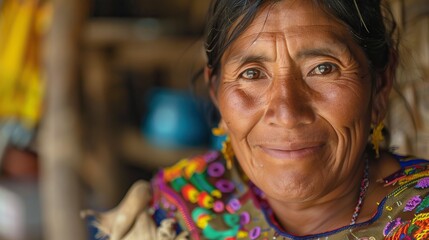 Obraz premium Portrait of an indigenous woman looking at the camera smiling and happy. Hispanic woman.
