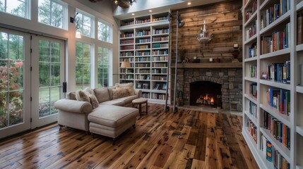sophisticated suburban farmhouse library with floor-to-ceiling bookshelves, a rolling ladder, and a cozy fireplace